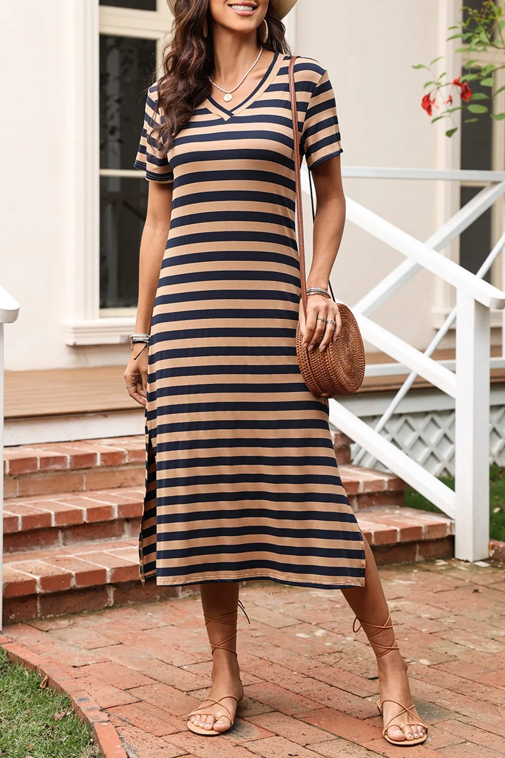 Casual Striped V-Neck Midi T-Shirt Dress - Image 13