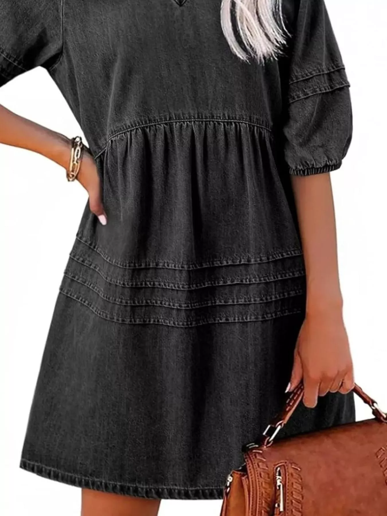 Casual V-Neck Puff Sleeve Denim Mini Dress - Image 12