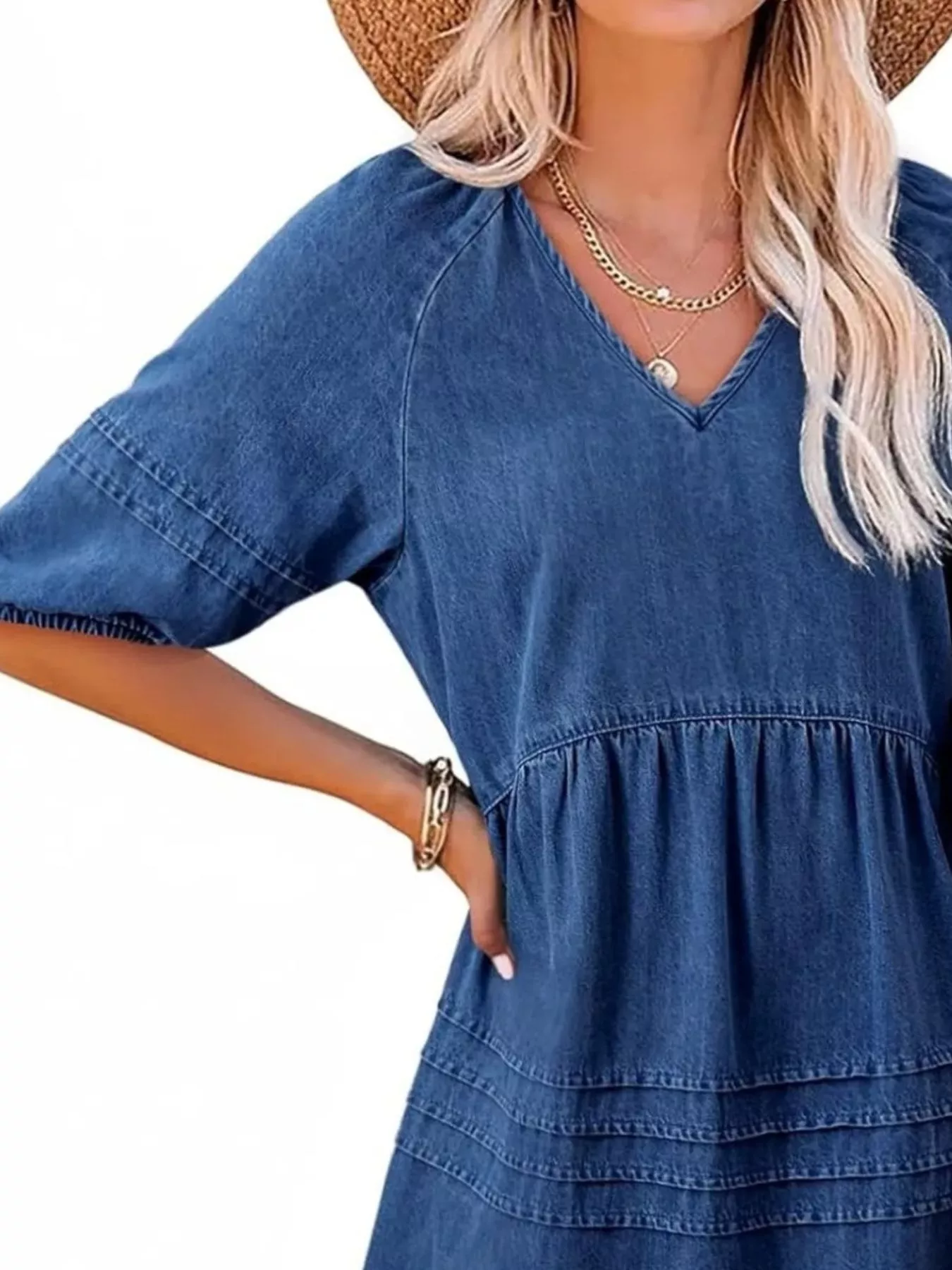 Casual V-Neck Puff Sleeve Denim Mini Dress - Image 14
