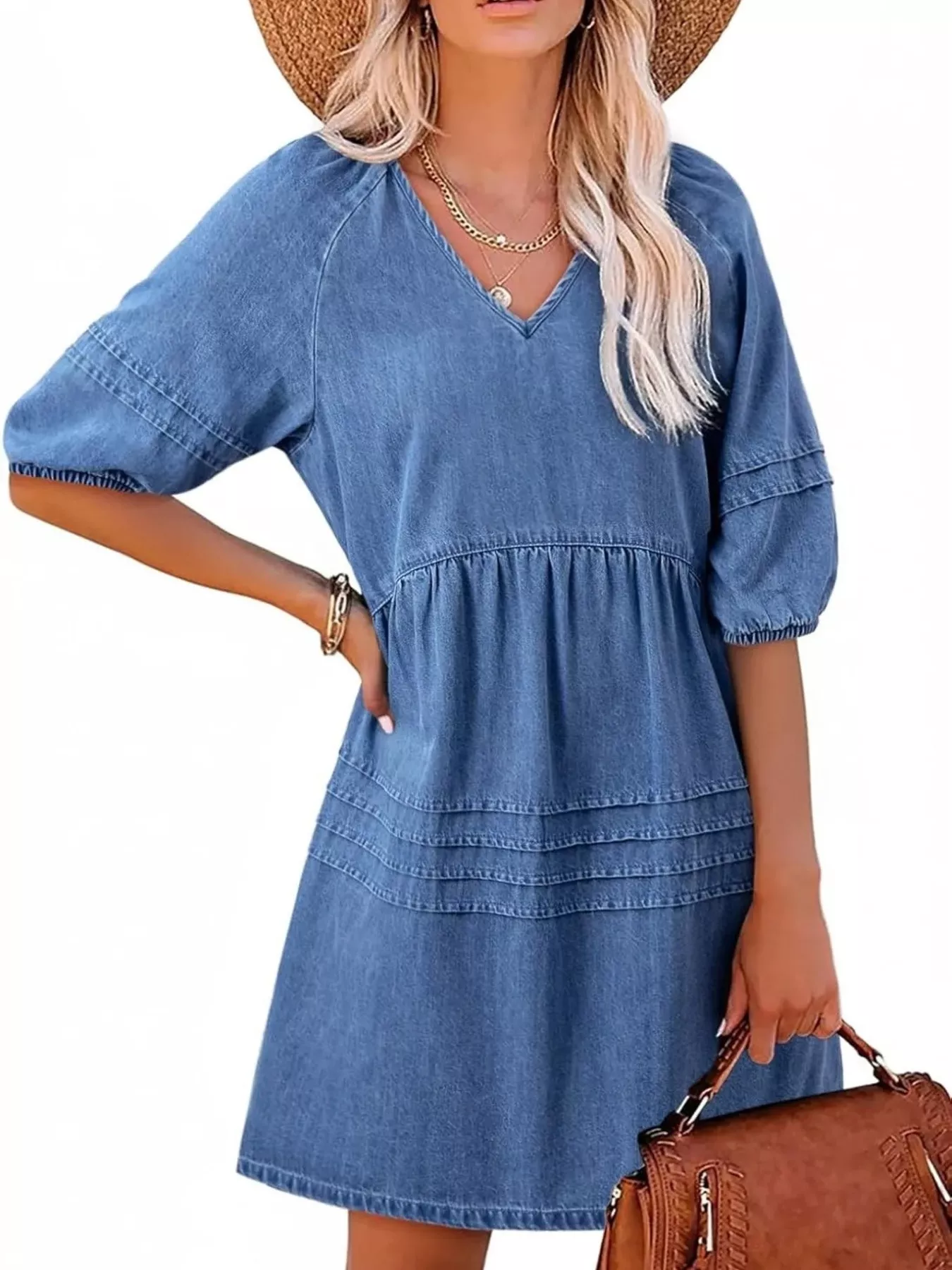 Casual V-Neck Puff Sleeve Denim Mini Dress - Image 4