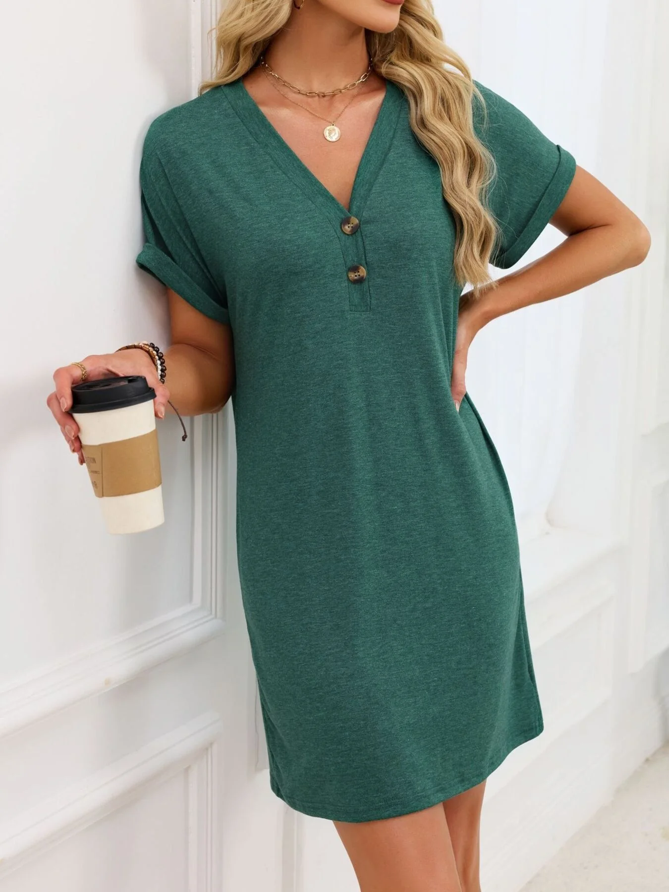 Casual V-Neck Short Sleeve T-Shirt Dress - Image 19