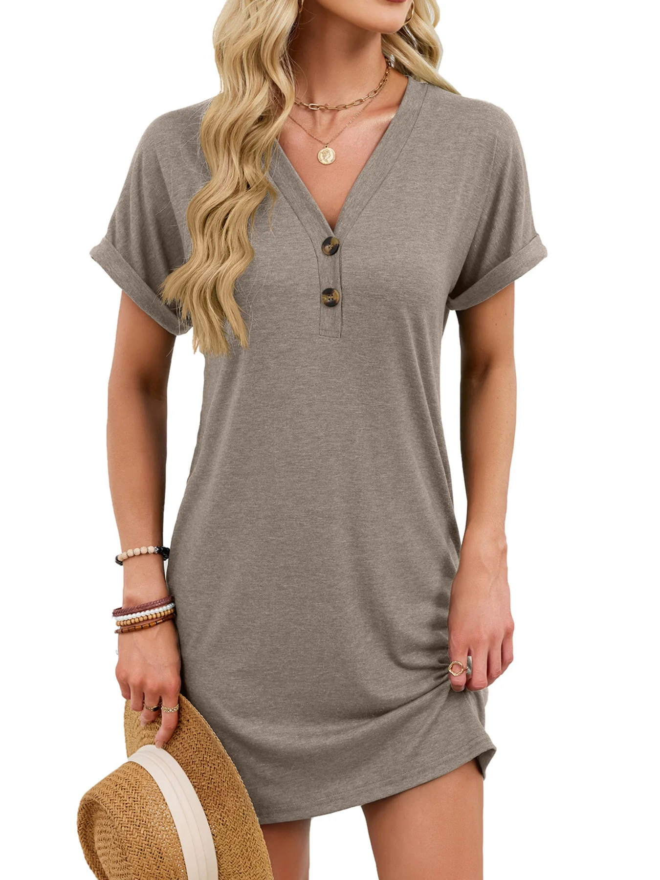Casual V-Neck Short Sleeve T-Shirt Dress - Image 21