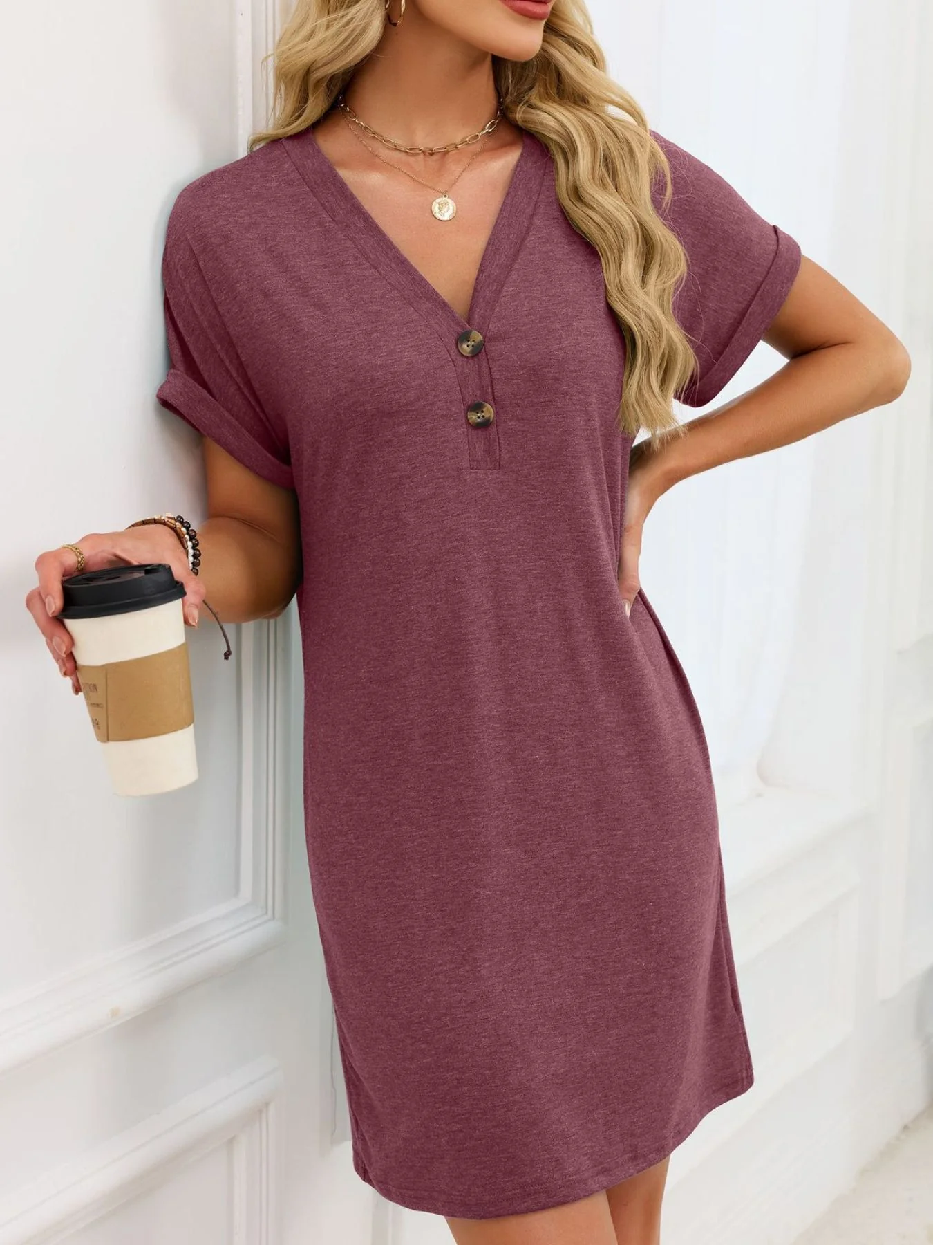 Casual V-Neck Short Sleeve T-Shirt Dress - Image 28