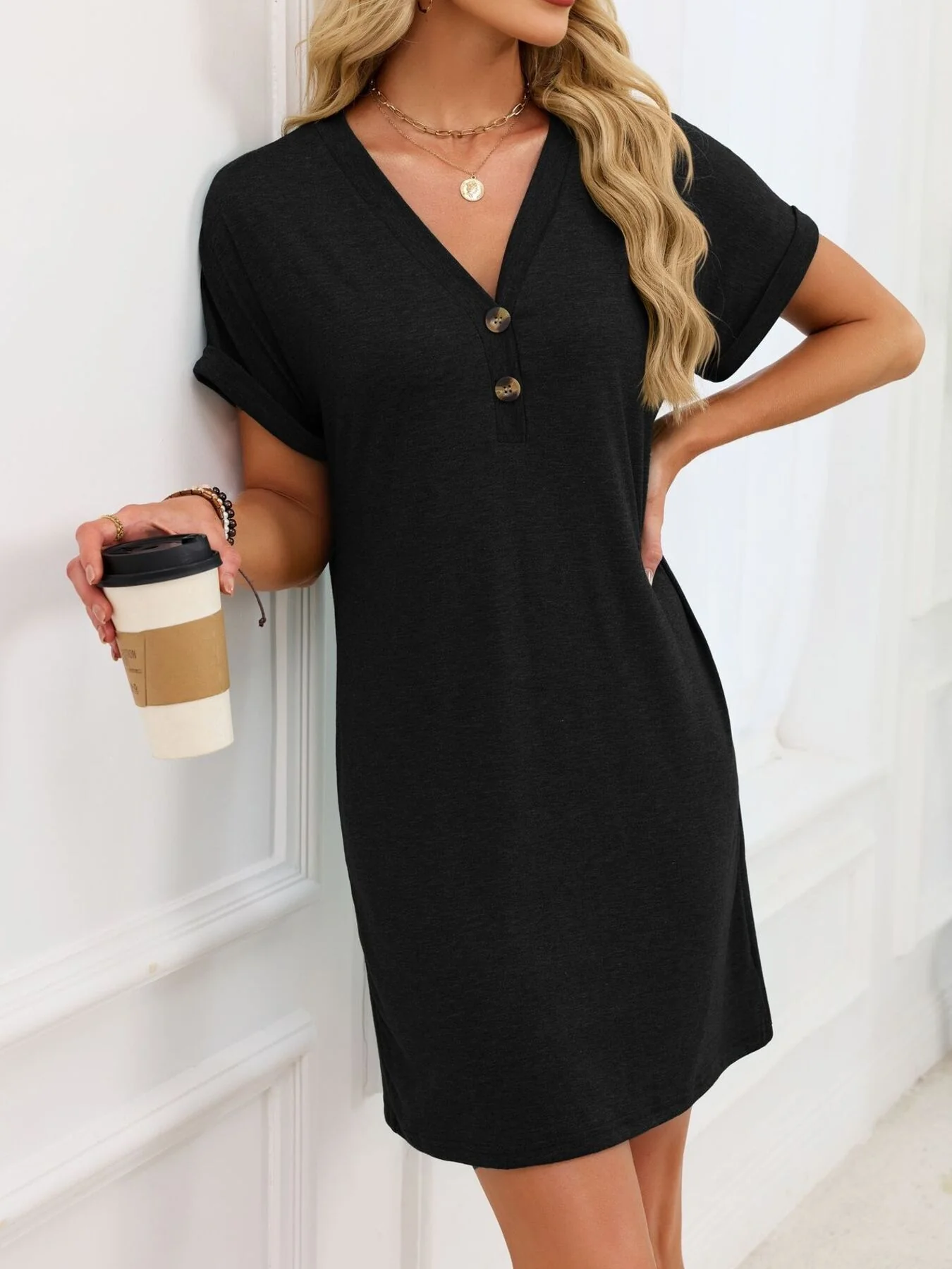 Casual V-Neck Short Sleeve T-Shirt Dress - Image 7