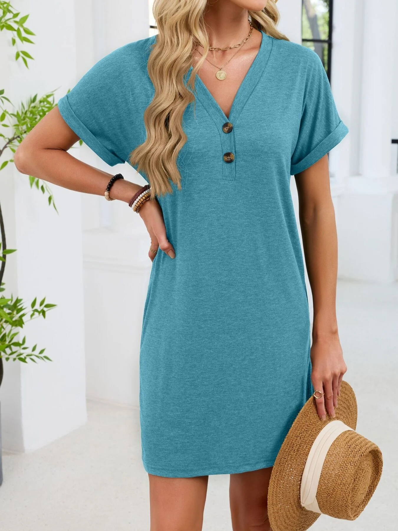 Casual V-Neck Short Sleeve T-Shirt Dress - Image 9