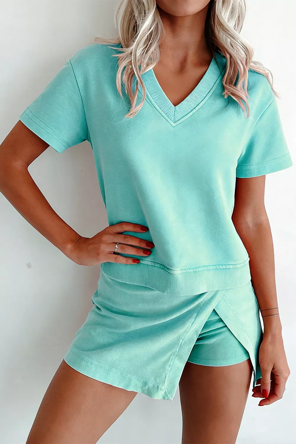 Casual V-Neck Top and Wrap Skort Set - Image 4