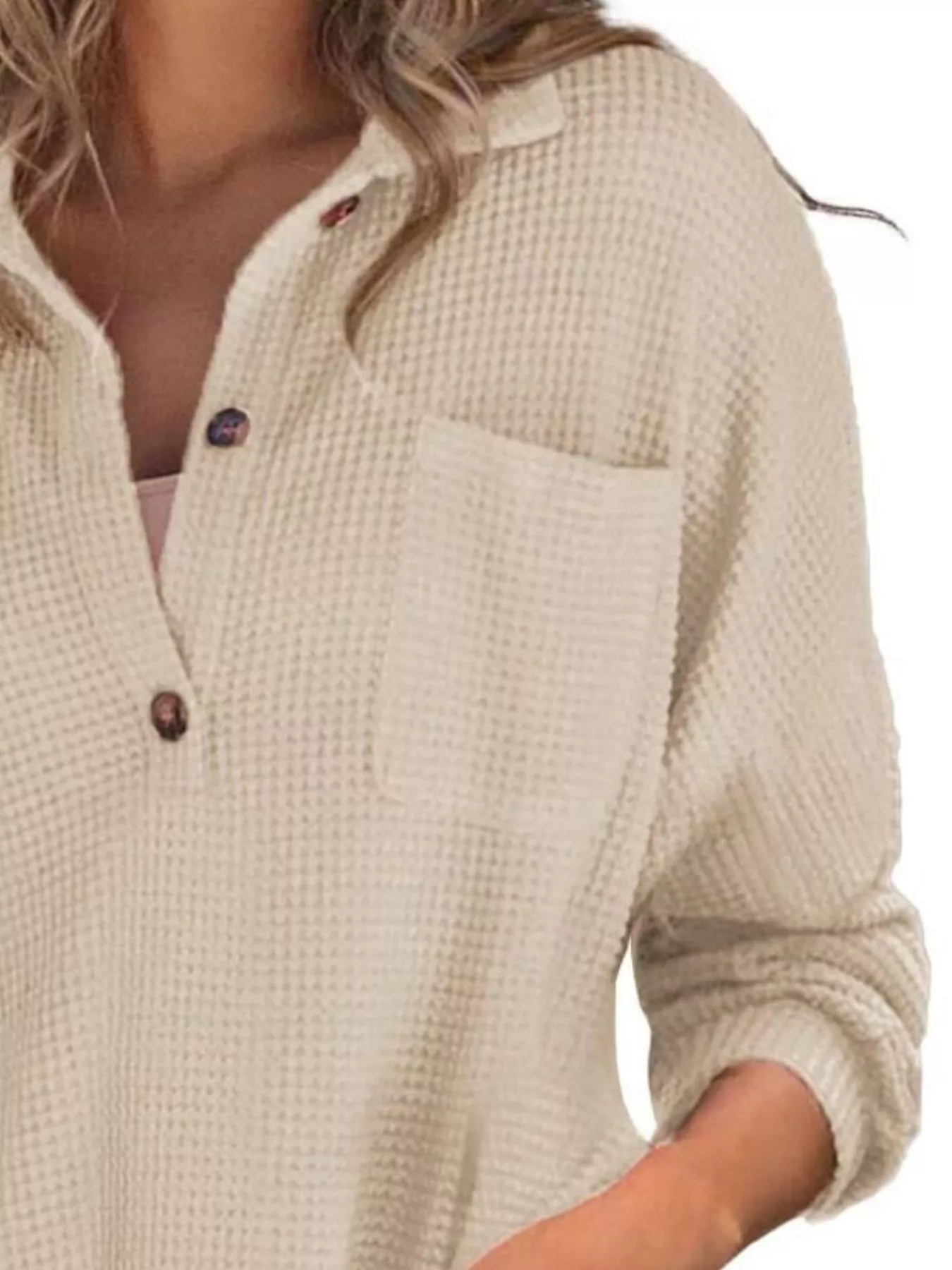 Casual Waffle Knit Button Detail Blouse - Image 21