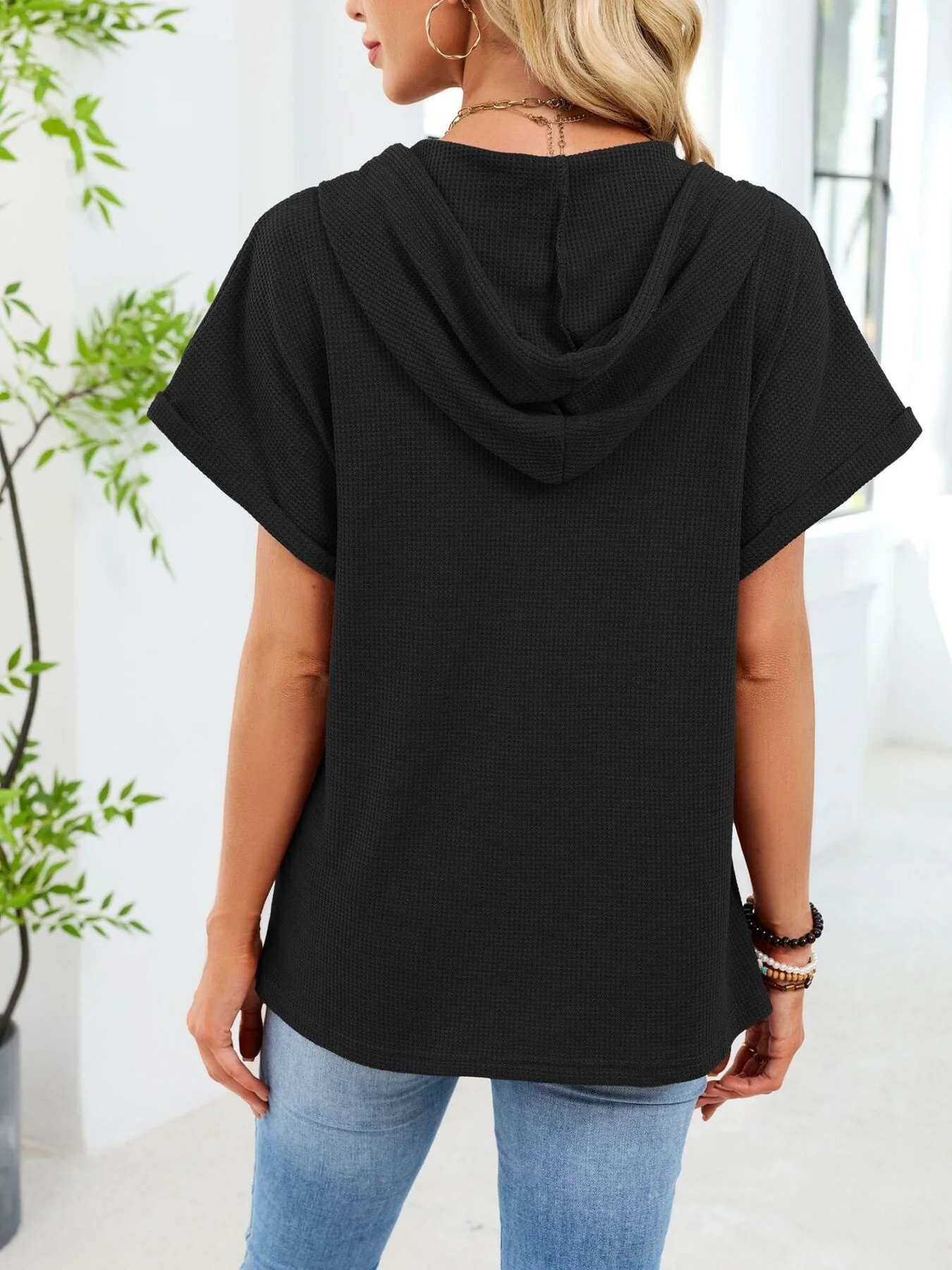 Casual Waffle Knit Button Detail Hooded Top - Image 10