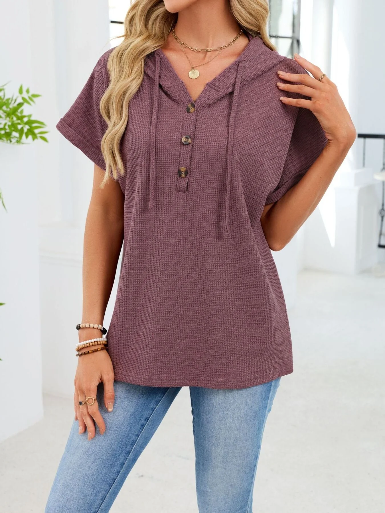 Casual Waffle Knit Button Detail Hooded Top - Image 19