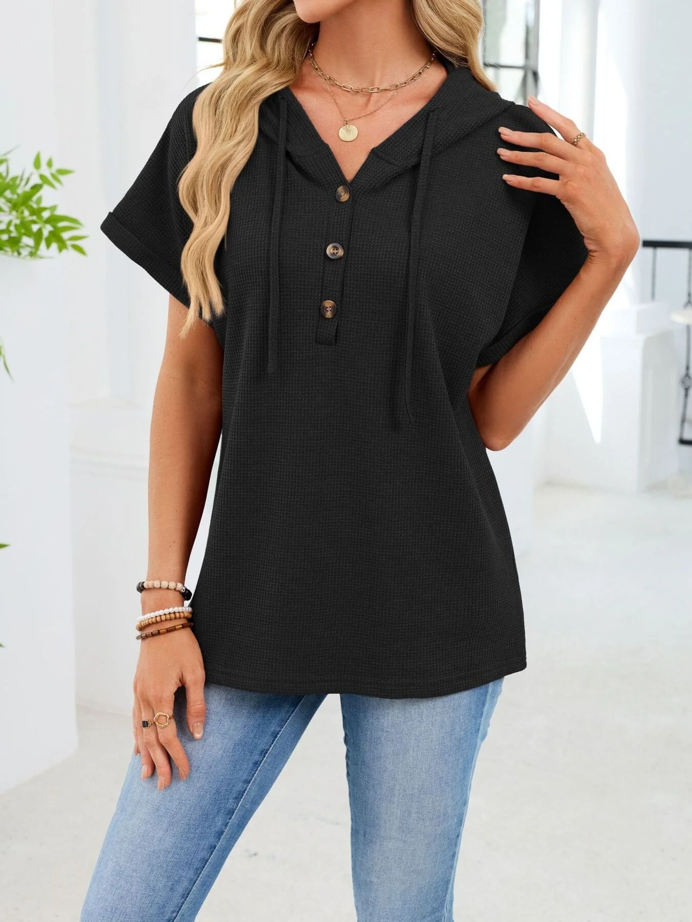 Casual Waffle Knit Button Detail Hooded Top - Image 7