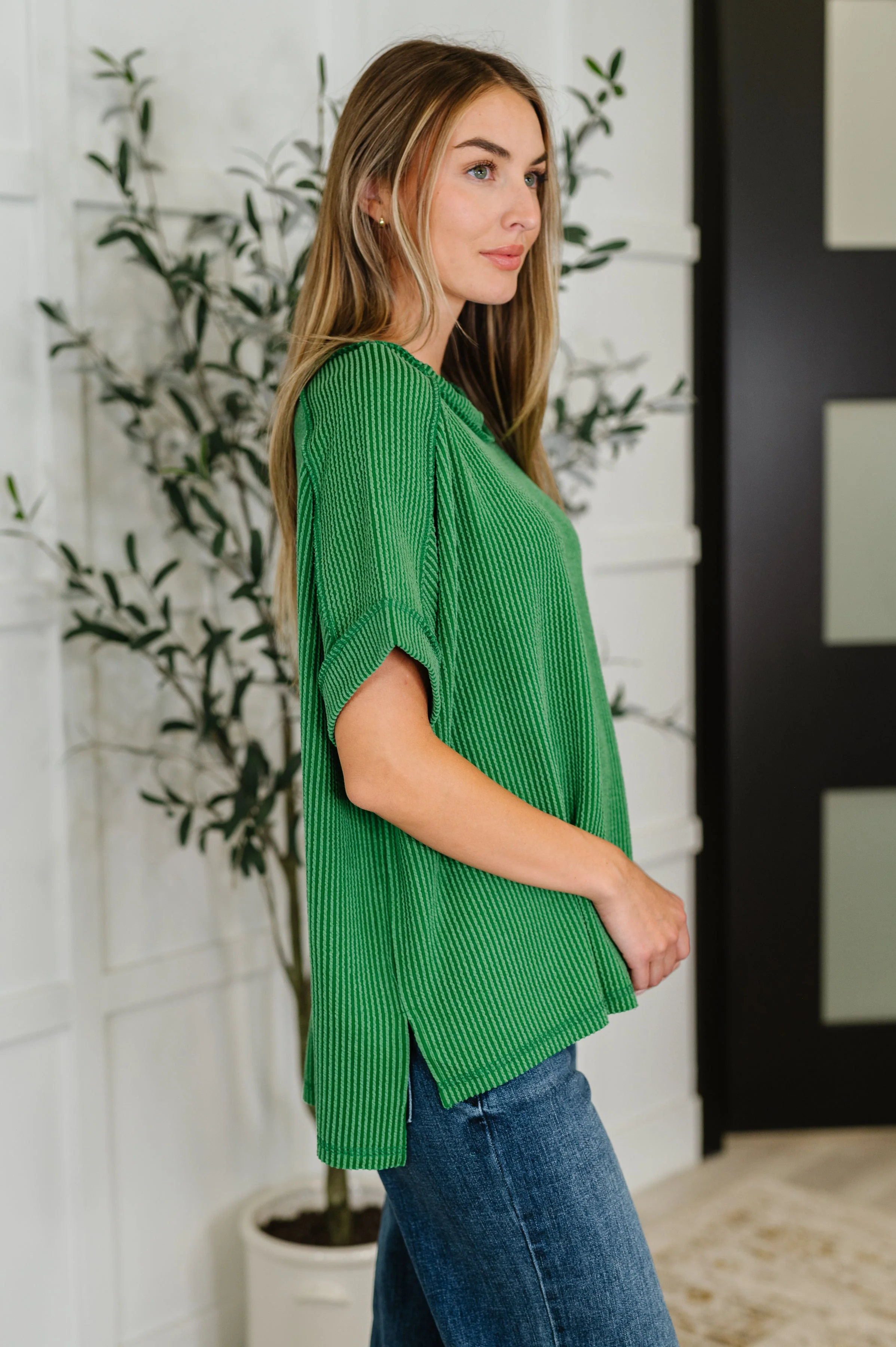 Catch Me Loungin’ Cable Ribbed Knit Top in Dark Green - Image 4