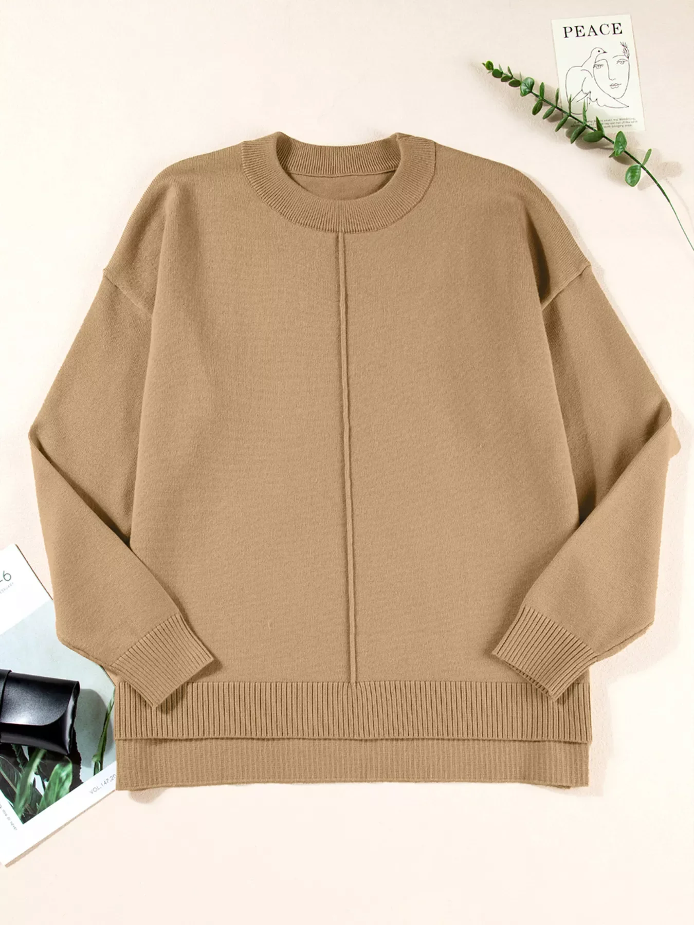 Center Seam Drop Shoulder Pullover Solid Sweater - Image 10