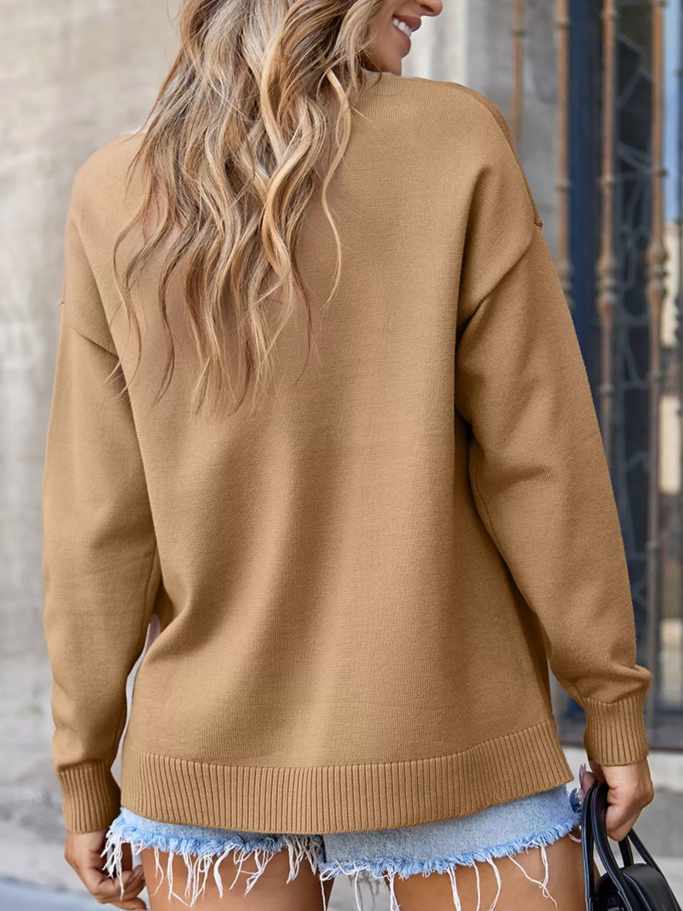 Center Seam Drop Shoulder Pullover Solid Sweater - Image 4