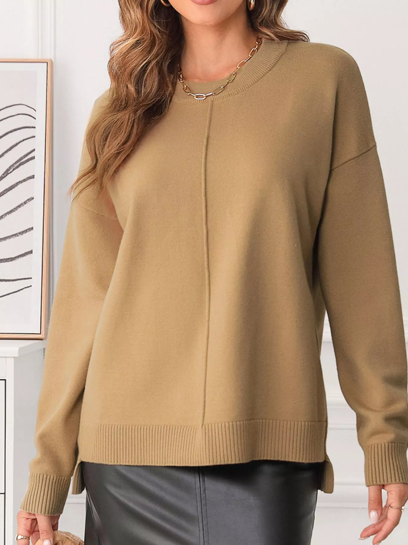 Center Seam Drop Shoulder Pullover Solid Sweater - Image 7