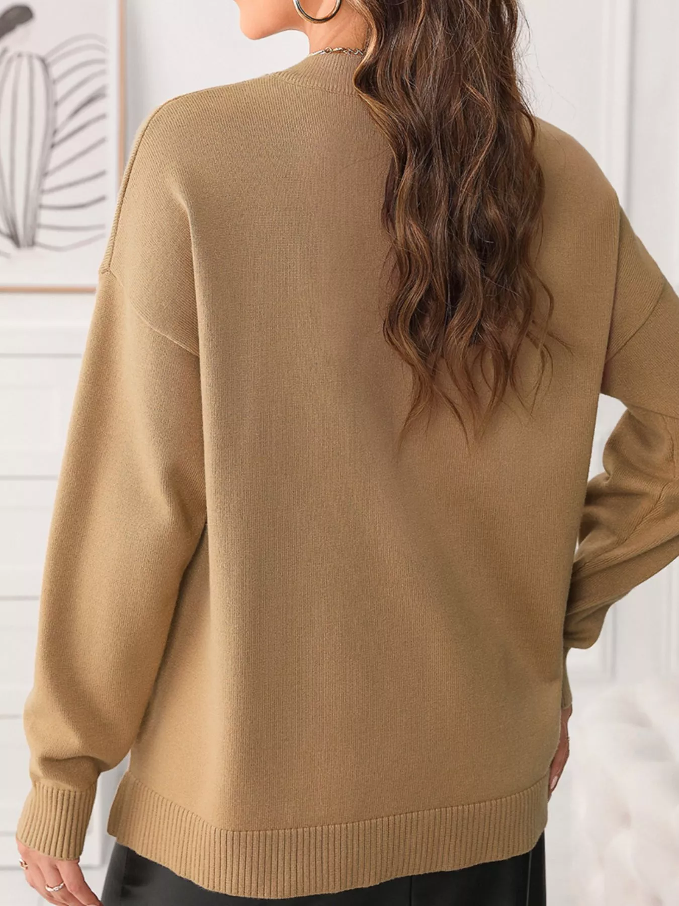 Center Seam Drop Shoulder Pullover Solid Sweater - Image 8
