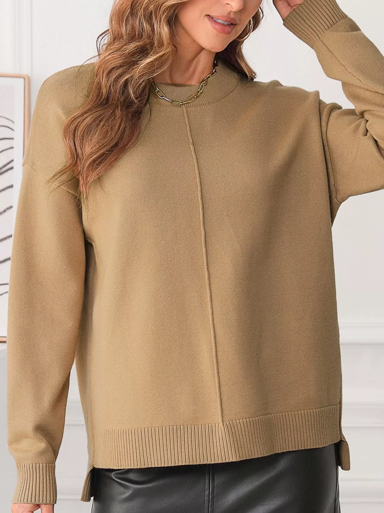 Center Seam Drop Shoulder Pullover Solid Sweater - Image 9
