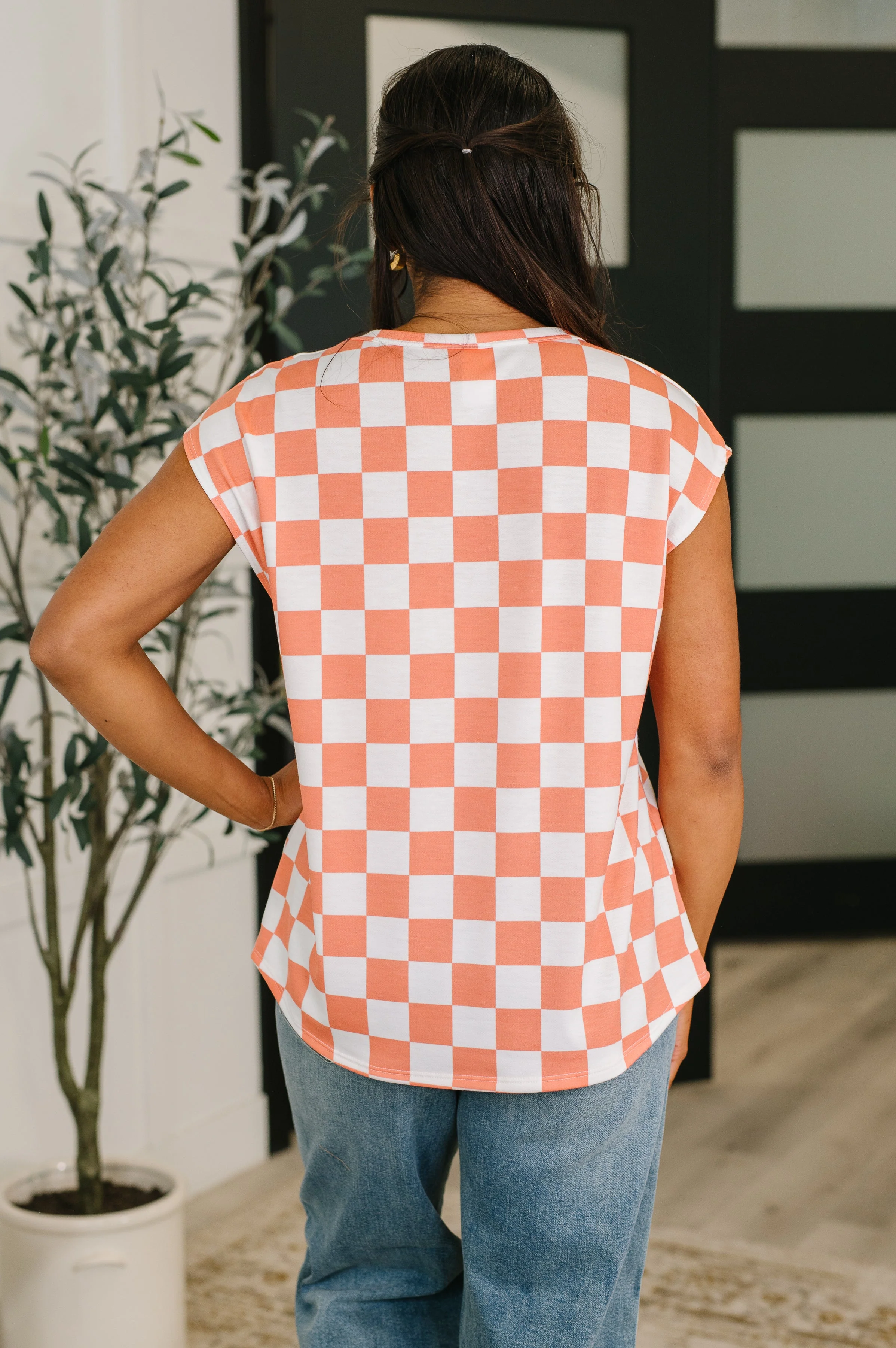 Check Hers Round Neck Top in Orange - Image 6