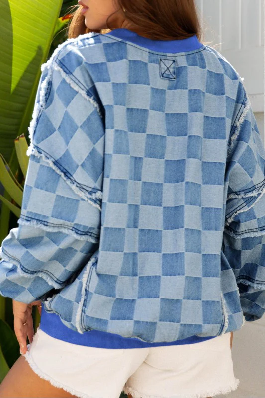 Checker Denim Raw Edge Top - Image 2
