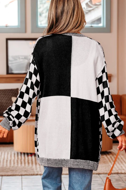 Checker Open Front Drop Shoulder Cardigan - Image 14
