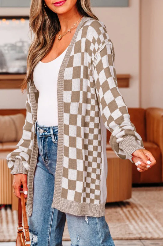 Checker Open Front Drop Shoulder Cardigan - Image 9