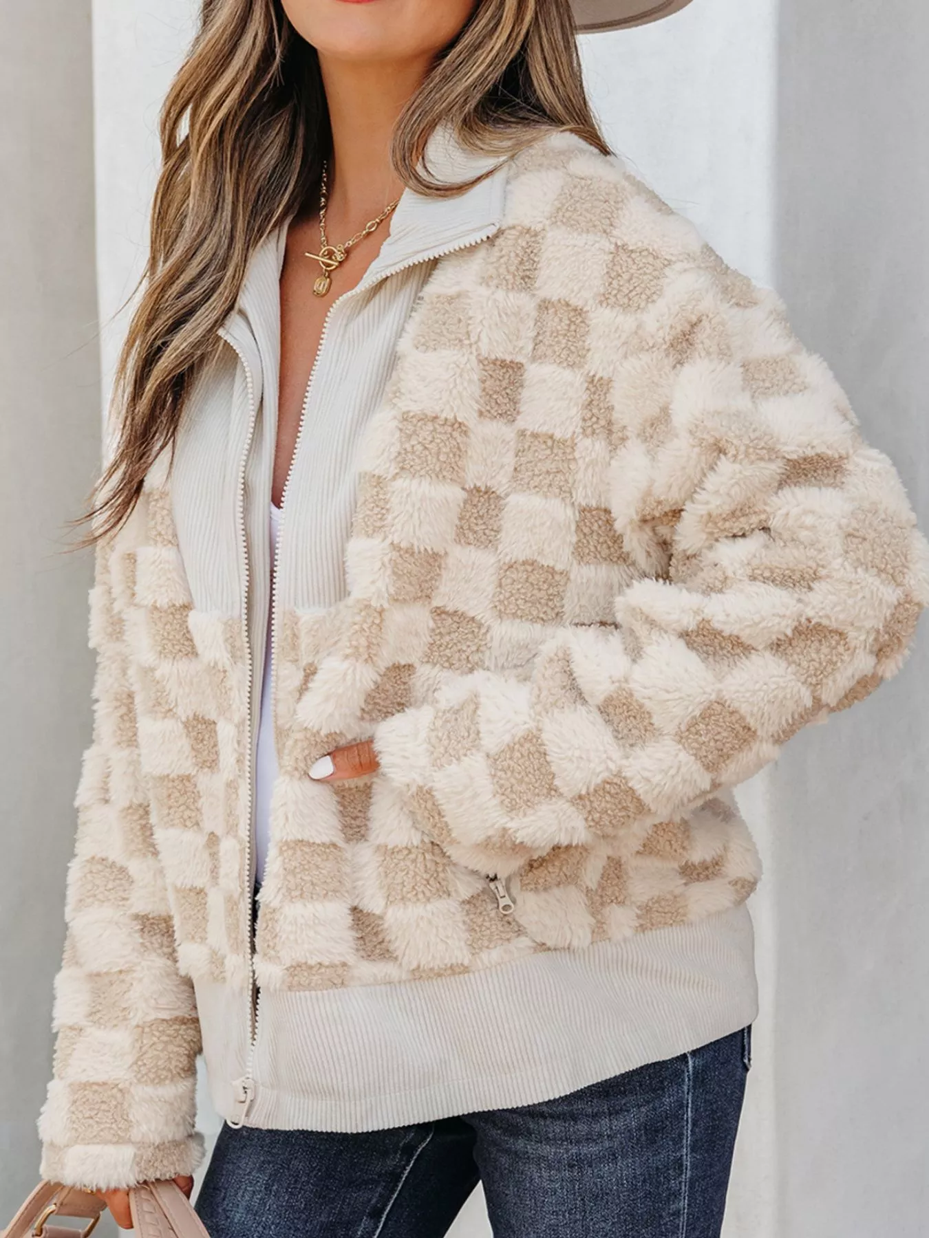 Checker Sherpa Corduroy Patchwork Zip Up Jacket - Image 5