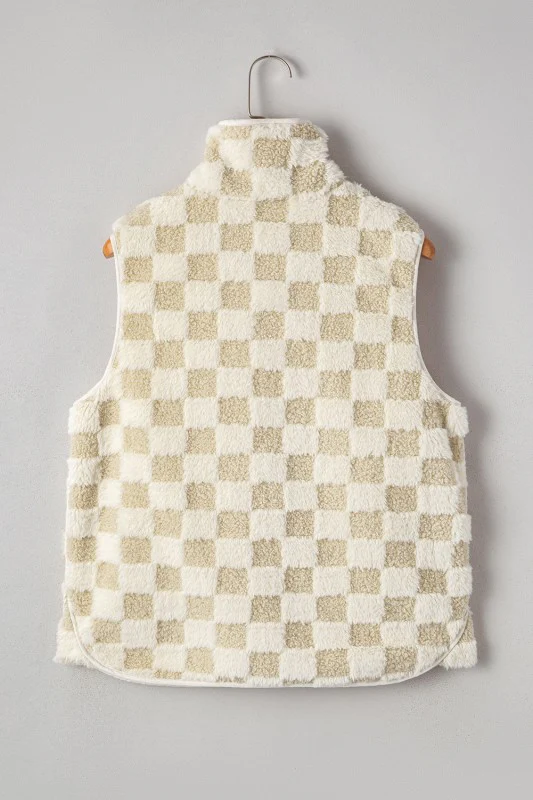 Checker Sherpa Snap Button Vest Jacket With Pocket - Image 7