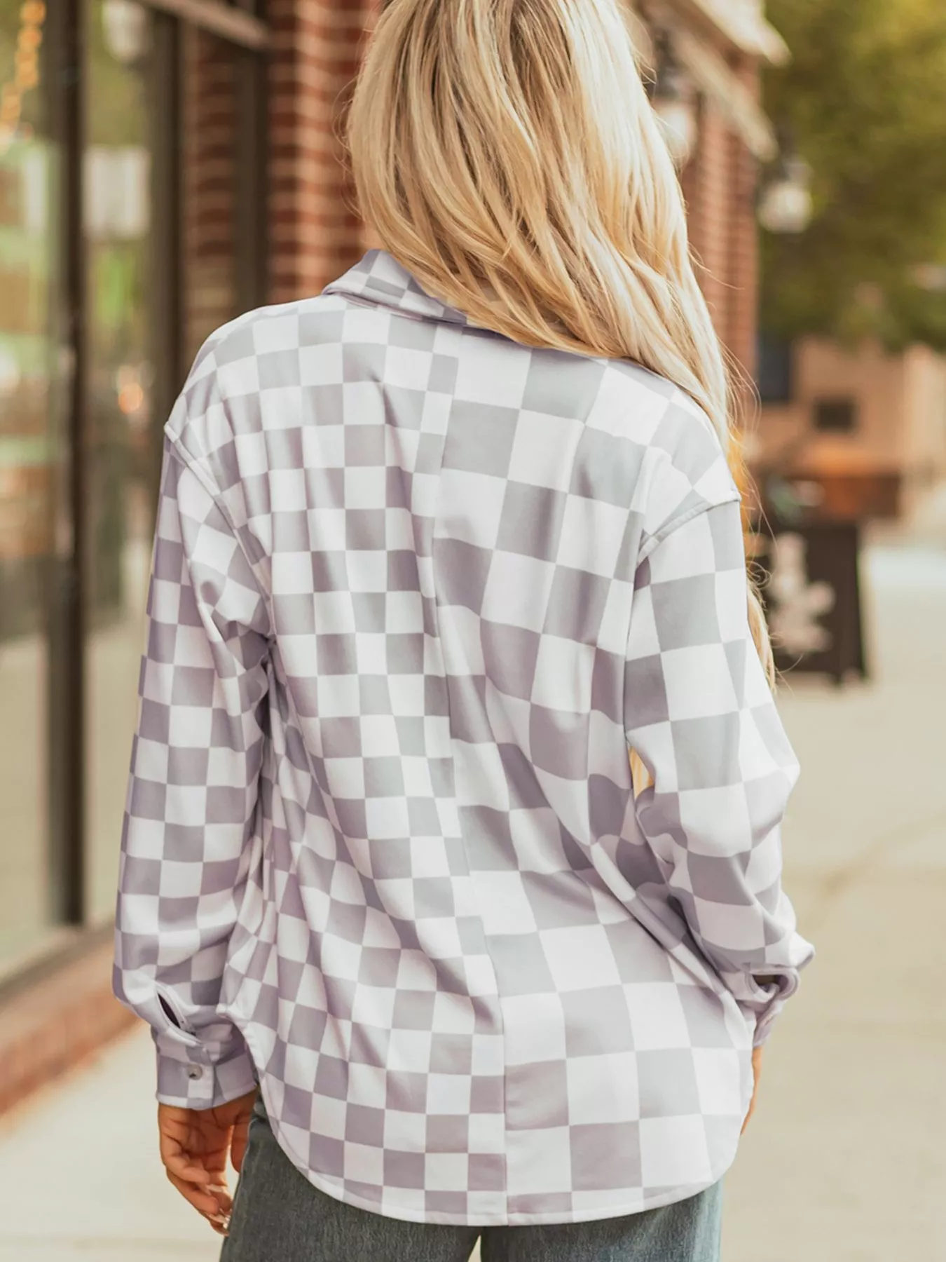 Checkerboard Flap Pocket Button Front Shacket - Image 2