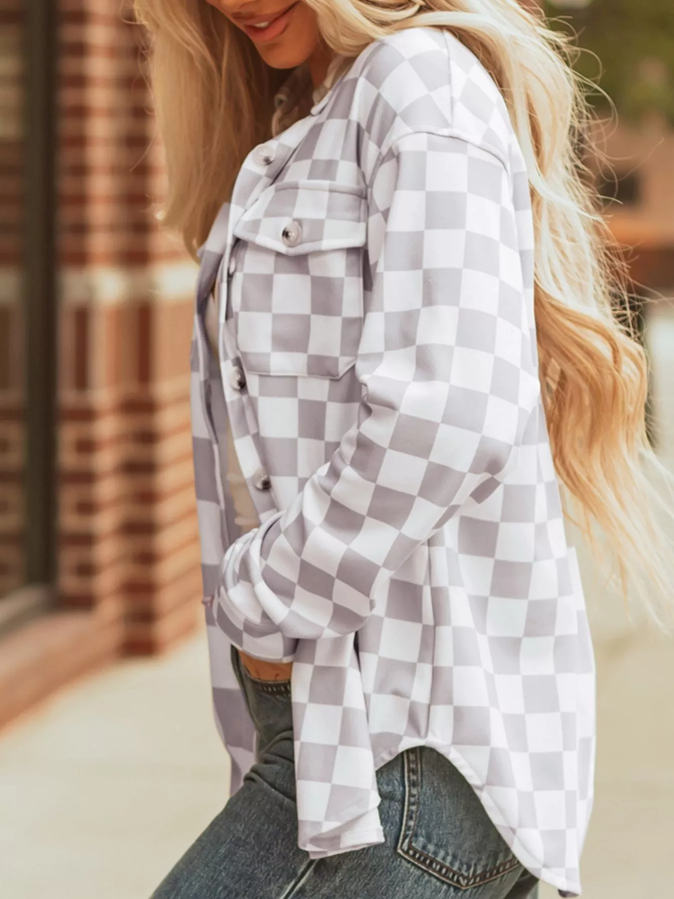 Checkerboard Flap Pocket Button Front Shacket - Image 6