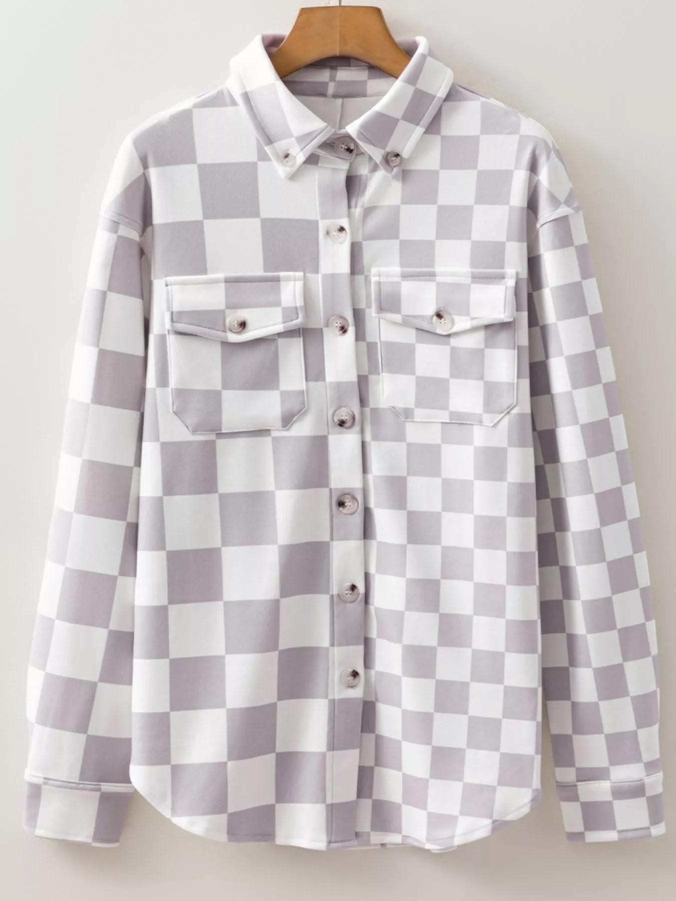 Checkerboard Flap Pocket Button Front Shacket - Image 8