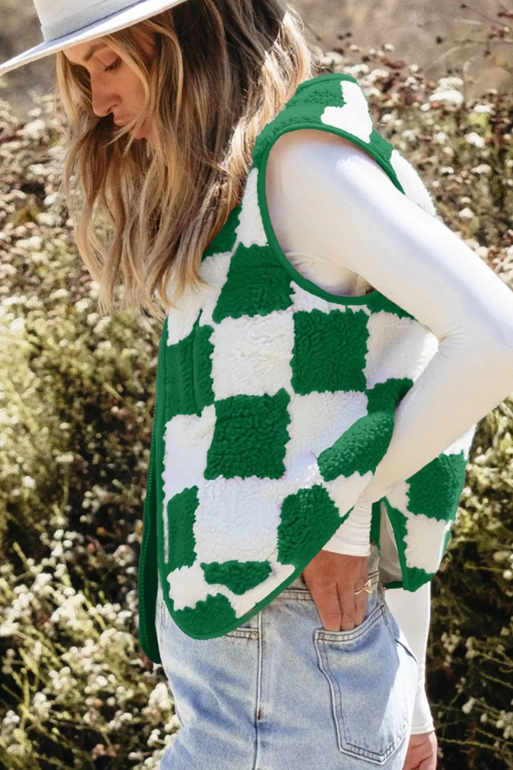 Checkerboard Fleece Sherpa Vest Coat - Image 3