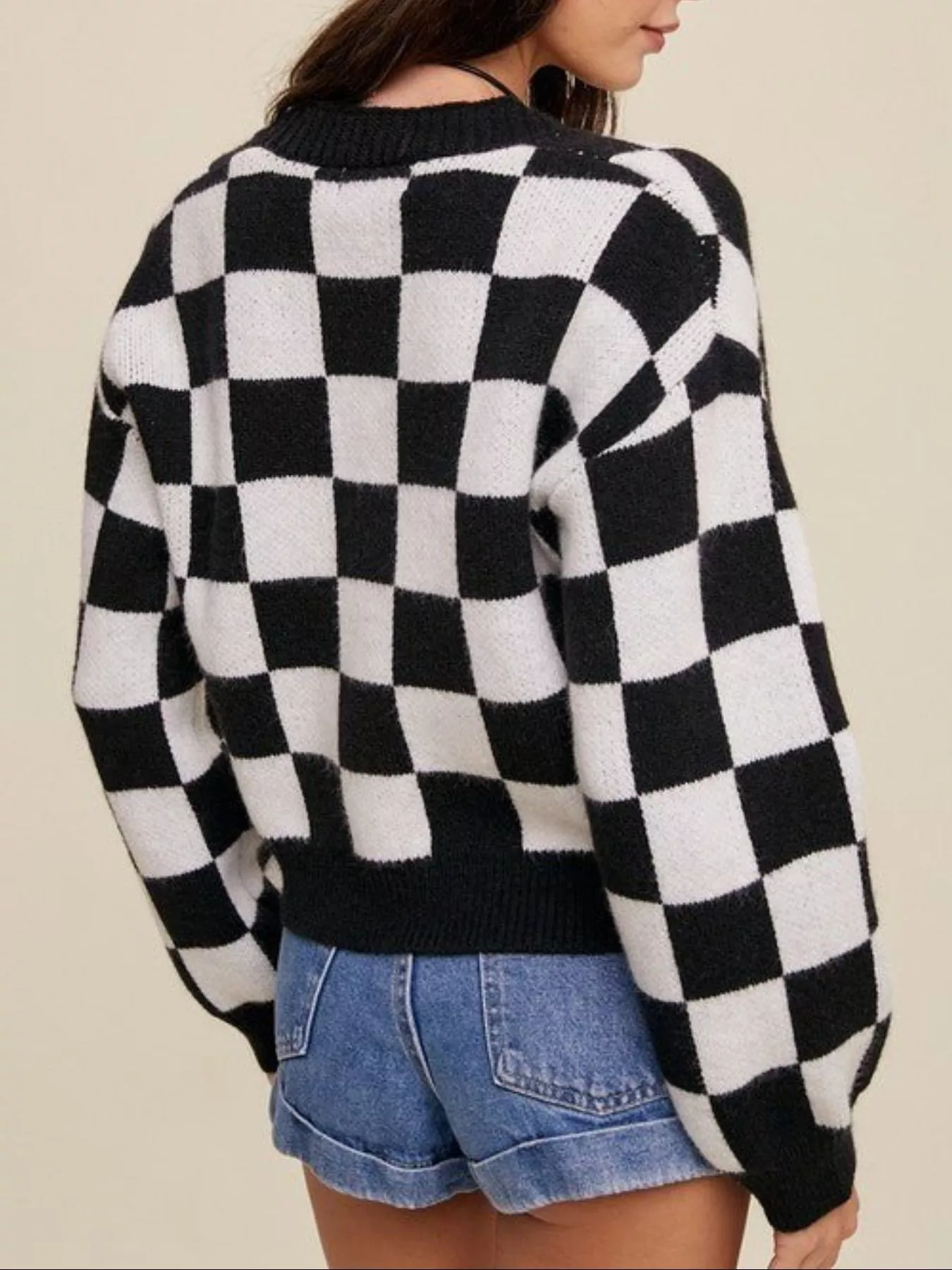 Checkerboard Pattern Button-Down Cardigan - Image 2