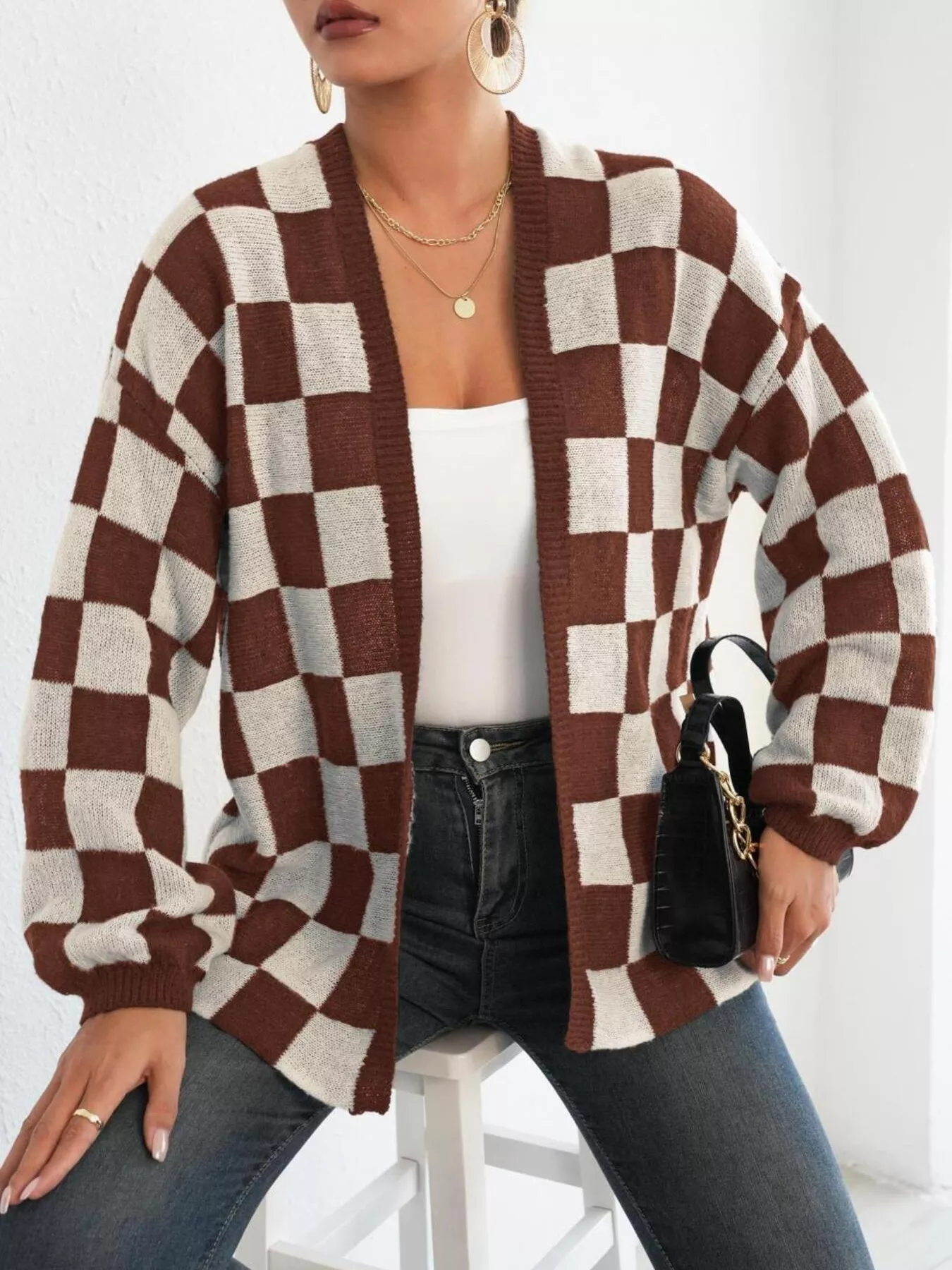 Checkerboard Pattern Open Front Knit Cardigan - Image 10