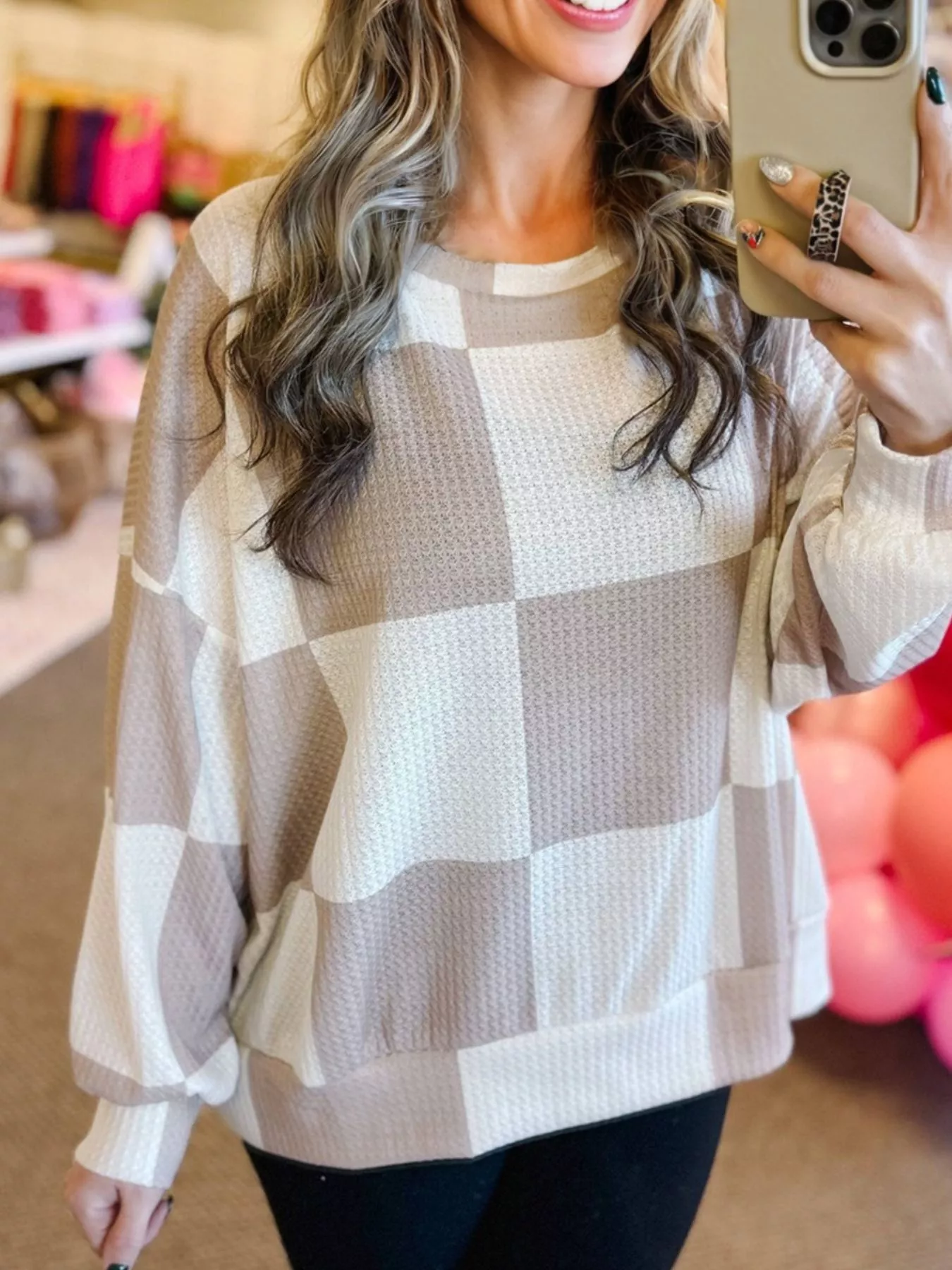 Checkered Breathable Textured Long Sleeve Top - Image 3
