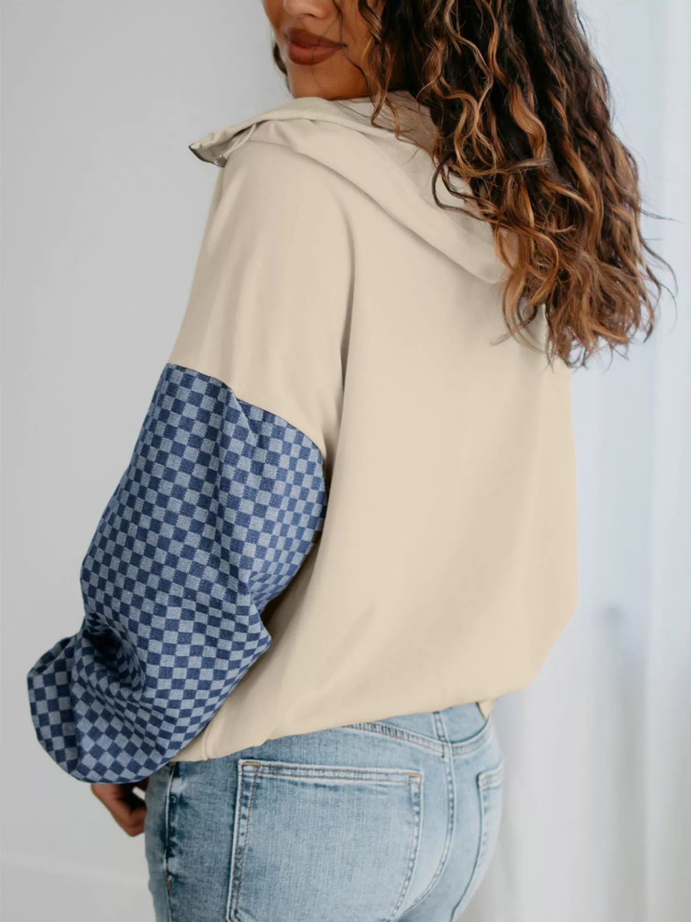 Checkered Color Block Half Zip Sweatshirt - Image 3