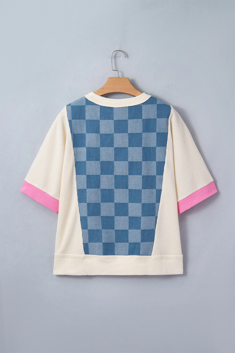 Checkered Denim Patchwork Short Sleeve Loose Top - Image 3