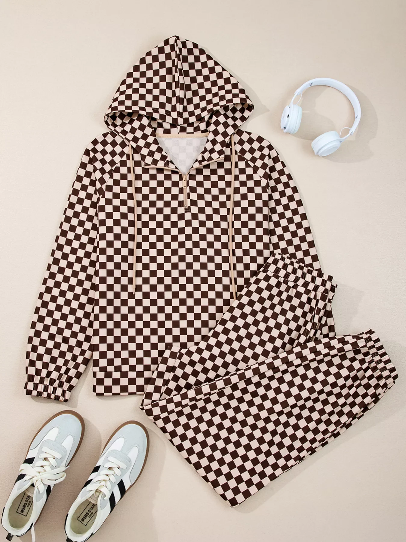 Checkered Drawstring Hoodie and Pants Set - Image 7