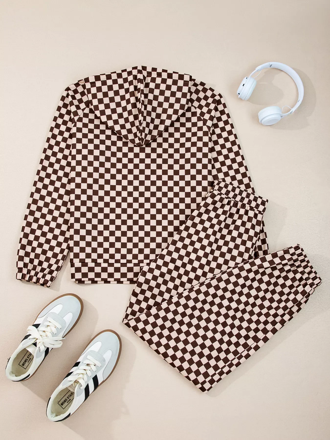 Checkered Drawstring Hoodie and Pants Set - Image 8