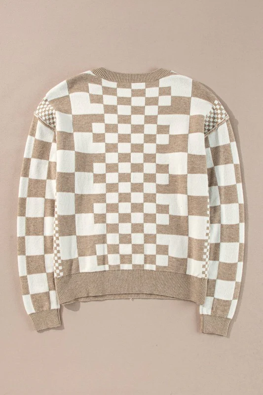 Checkered Drop Shoulder Round Neck Sweater - Image 23