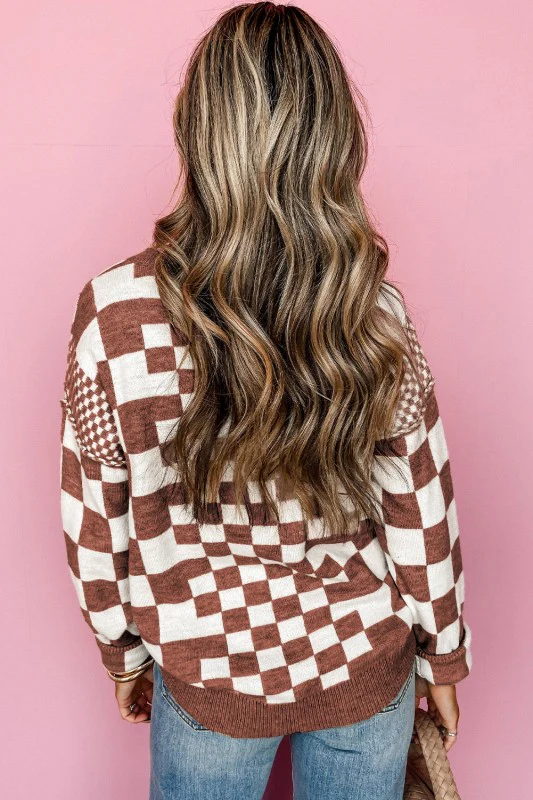 Checkered Drop Shoulder Round Neck Sweater - Image 32