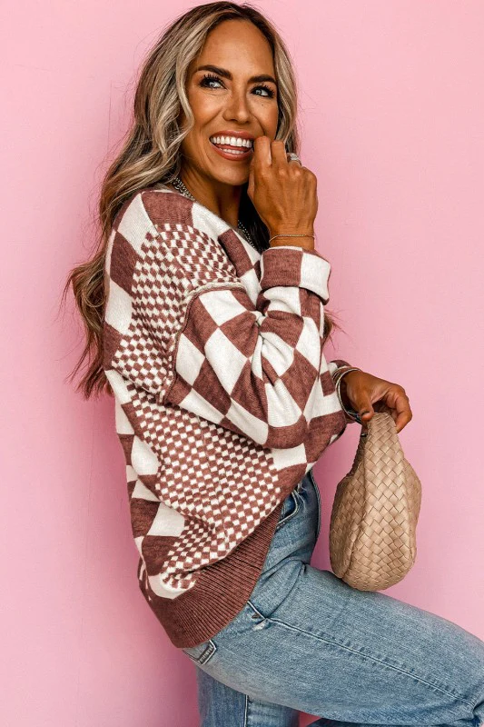 Checkered Drop Shoulder Round Neck Sweater - Image 33