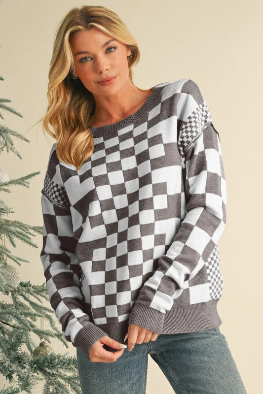 Checkered Drop Shoulder Round Neck Sweater - Image 6