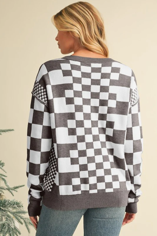 Checkered Drop Shoulder Round Neck Sweater - Image 7