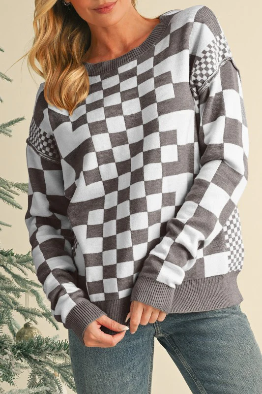 Checkered Drop Shoulder Round Neck Sweater - Image 8