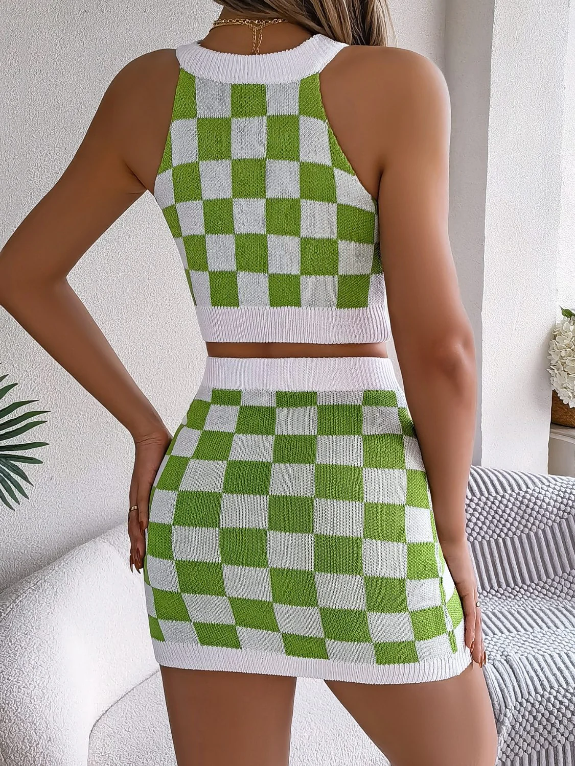 Checkered Grecian Neck Cami and Skirt Sweater Set - Image 3