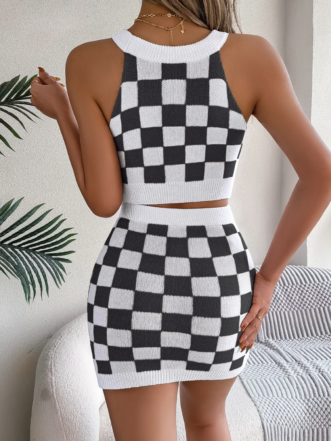 Checkered Grecian Neck Cami and Skirt Sweater Set - Image 7