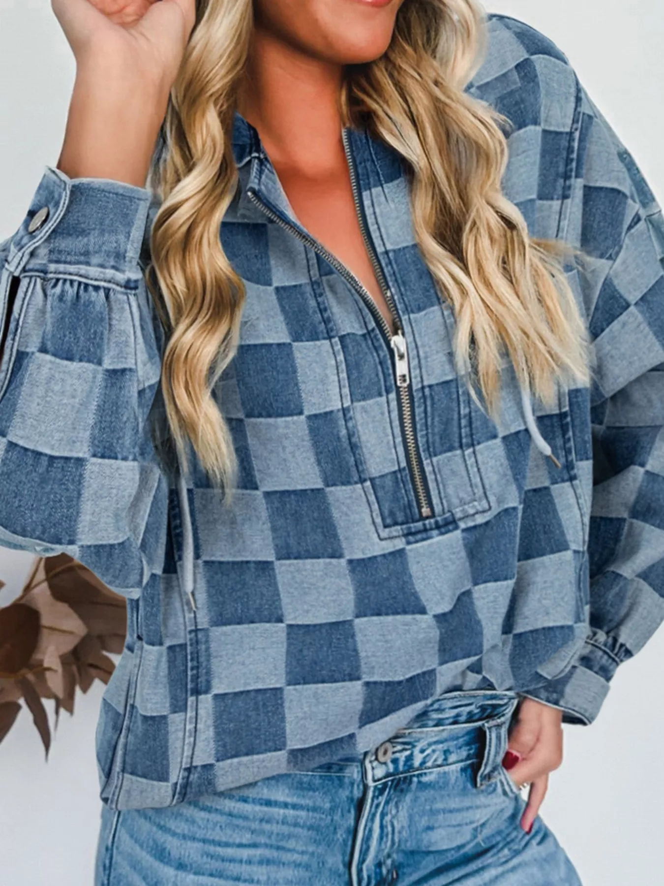 Checkered Half Zip Denim Hoodie Top - Image 6