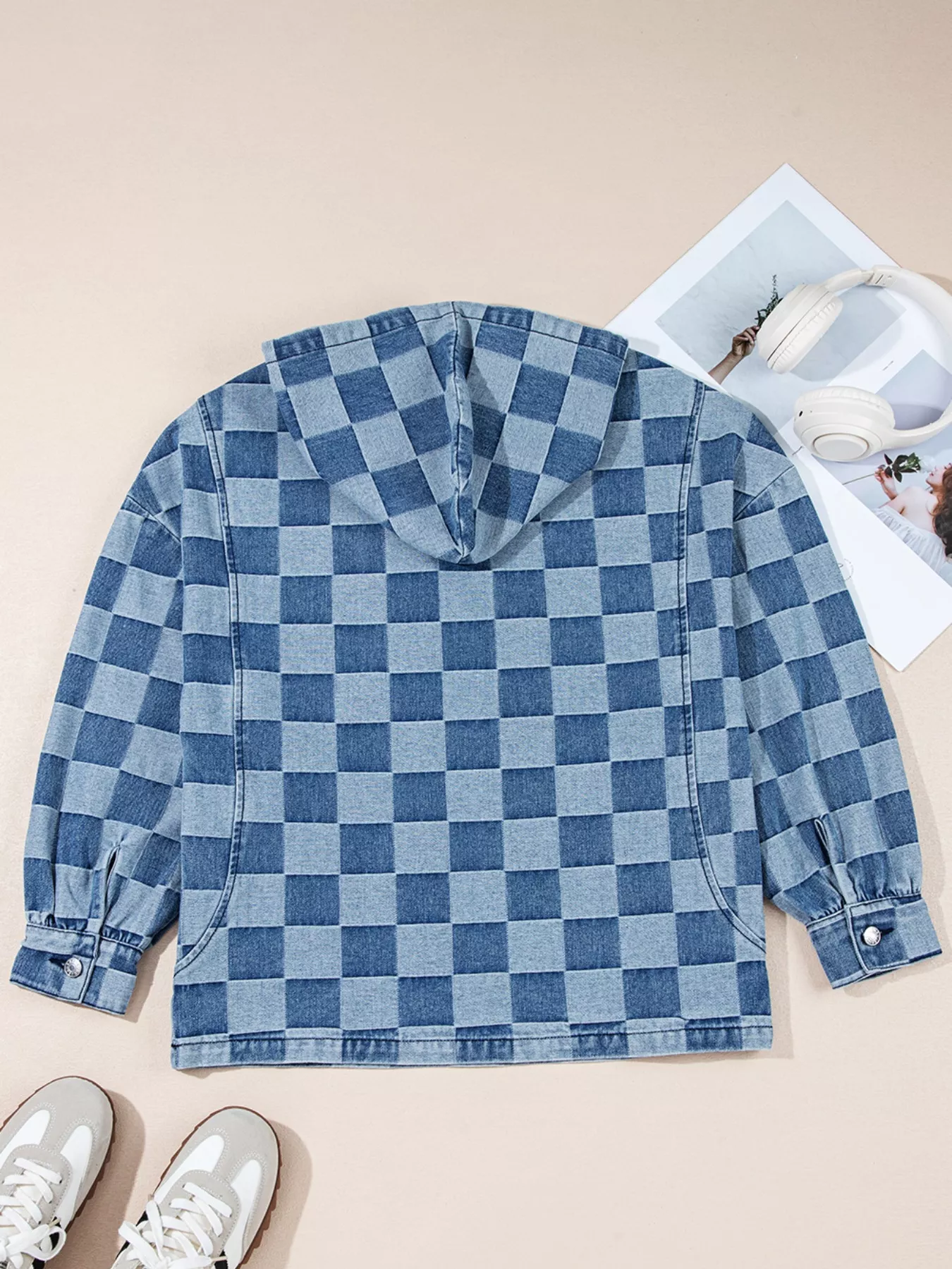 Checkered Half Zip Denim Hoodie Top - Image 8