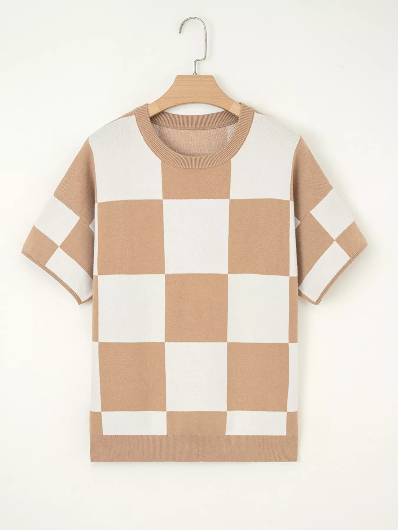 Checkered Pattern Loose Drop Shoulder Half Sleeve Sweater - Image 3