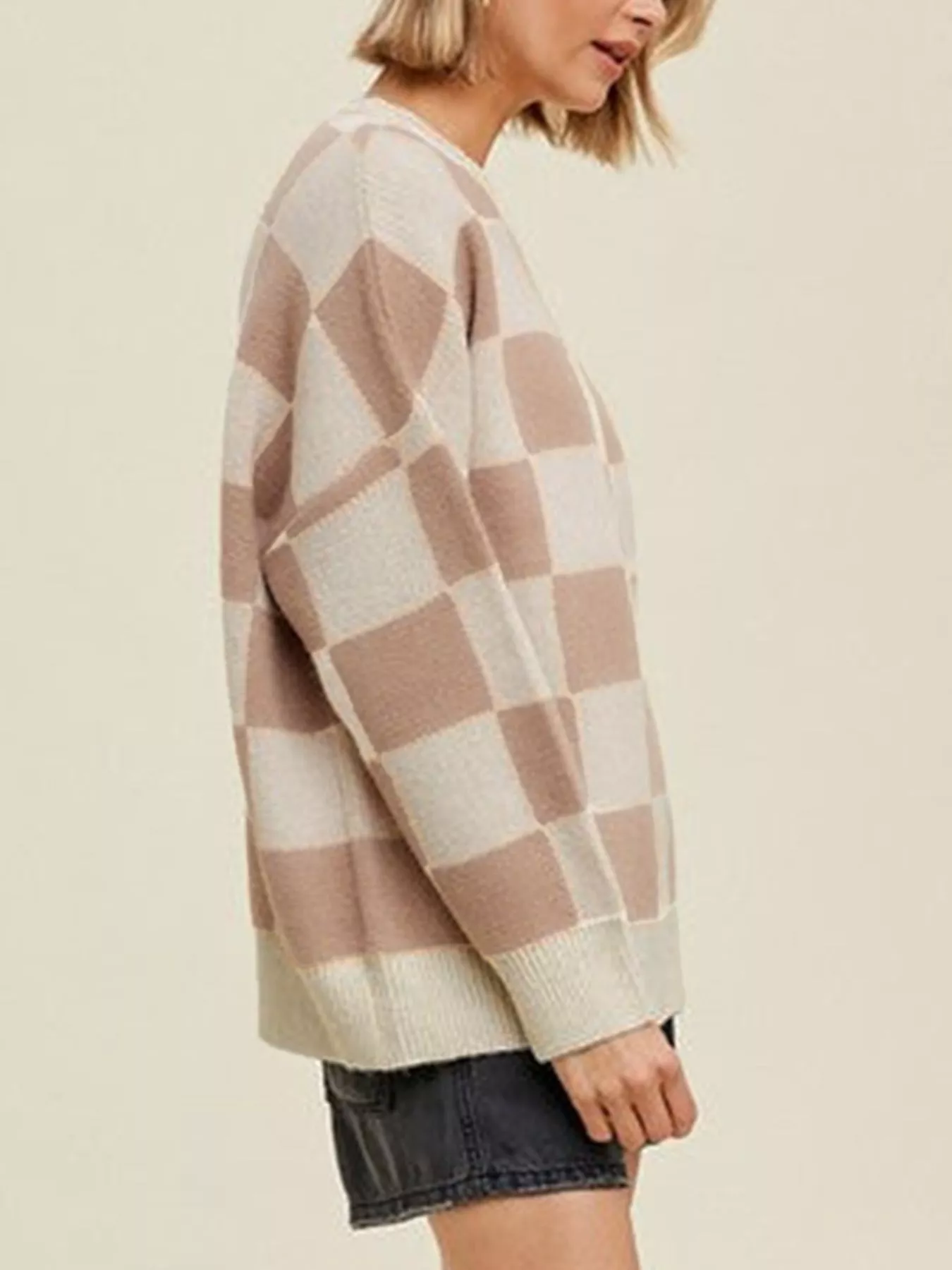 Checkered Pattern Ribbed Trim Knit Baggy Sweater - Image 3