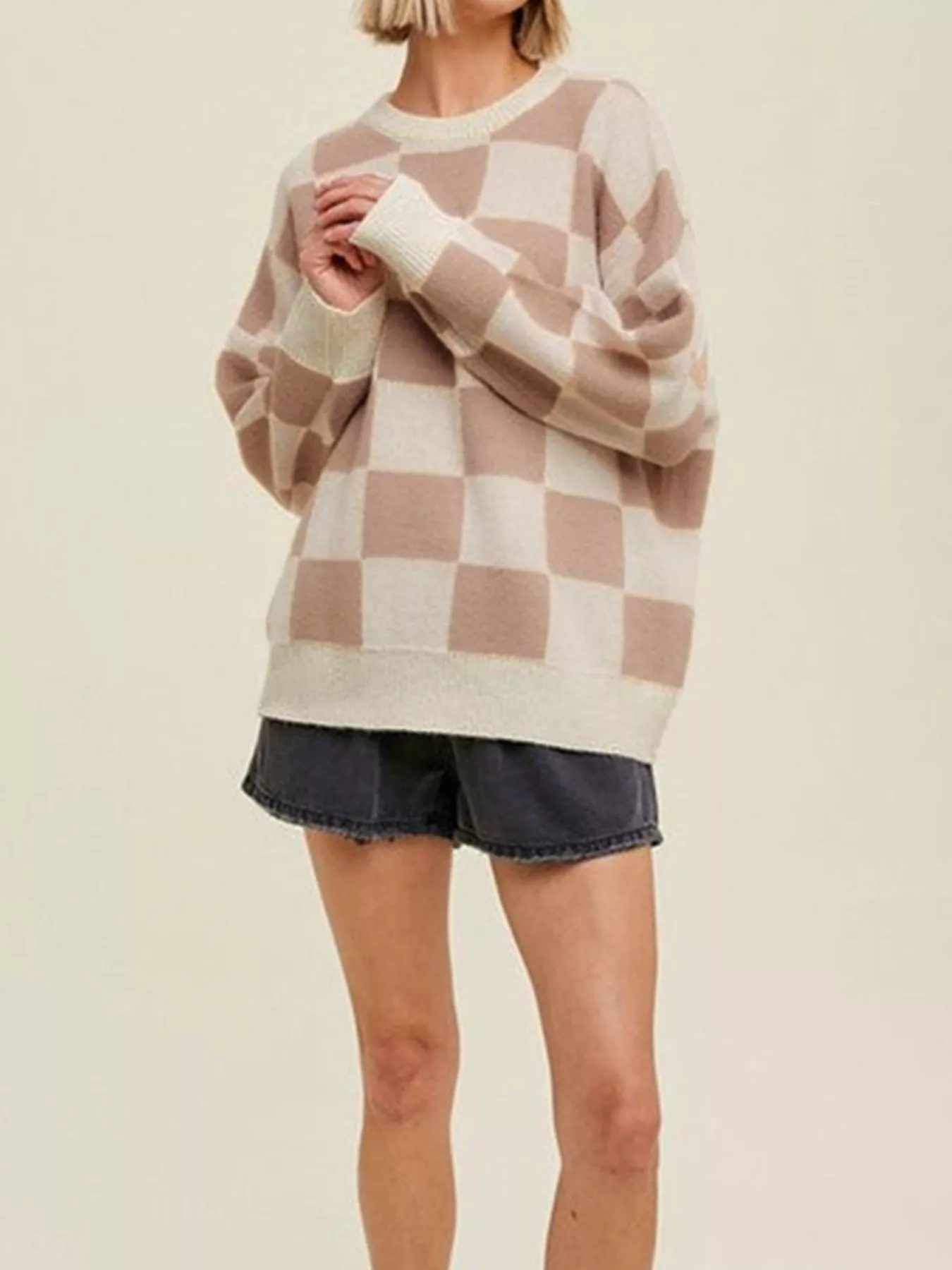 Checkered Pattern Ribbed Trim Knit Baggy Sweater - Image 4